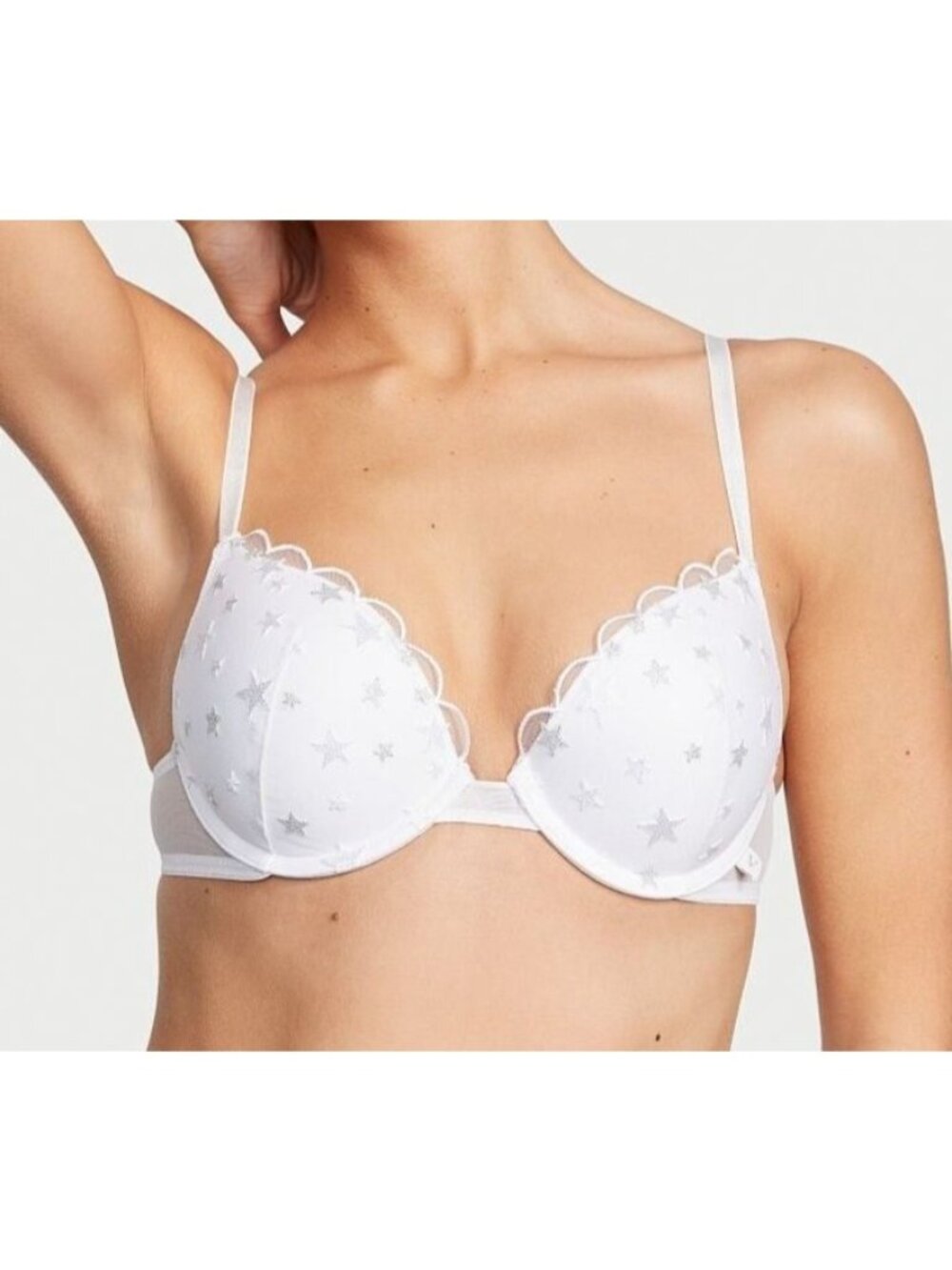 White Silver STAR Mesh Extreme Lift Victorias Secret Plunge Push Up UW Bra 32C
